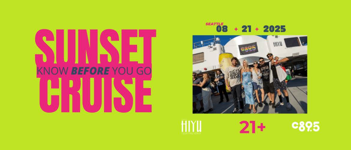 Promotional poster for the "Sunset Cruise" event in Seattle, featuring a group of happy attendees in front of a ferry named Hiyu, with the date "08-21-2025" designated for ages 21 and over.