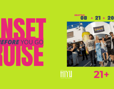 Promotional poster for the "Sunset Cruise" event in Seattle, featuring a group of happy attendees in front of a ferry named Hiyu, with the date "08-21-2025" designated for ages 21 and over.