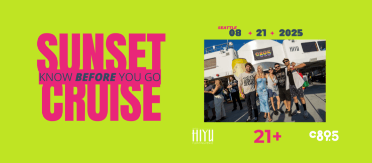 Promotional poster for the "Sunset Cruise" event in Seattle, featuring a group of happy attendees in front of a ferry named Hiyu, with the date "08-21-2025" designated for ages 21 and over.