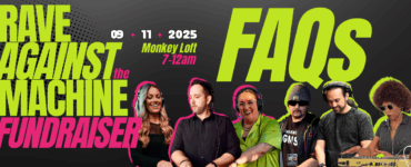 Promotional banner for Rave Against the Machine Fundraiser at Monkey Loft on September 11, 2025, from 7 PM to 12 AM, featuring a diverse group of six DJs at their equipment.