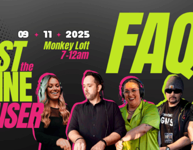 Promotional banner for Rave Against the Machine Fundraiser at Monkey Loft on September 11, 2025, from 7 PM to 12 AM, featuring a diverse group of six DJs at their equipment.