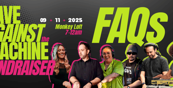 Promotional banner for Rave Against the Machine Fundraiser at Monkey Loft on September 11, 2025, from 7 PM to 12 AM, featuring a diverse group of six DJs at their equipment.