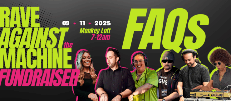 Promotional banner for Rave Against the Machine Fundraiser at Monkey Loft on September 11, 2025, from 7 PM to 12 AM, featuring a diverse group of six DJs at their equipment.