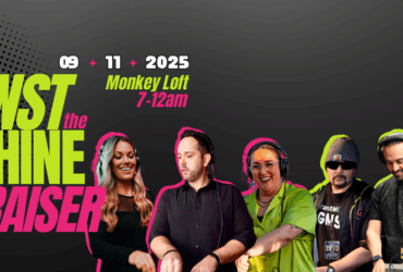 Promotional banner for Rave Against the Machine Fundraiser event on September 11, 2025, at Monkey Loft from 7 PM to 2 AM, featuring five DJs at a console, under vibrant pink and yellow lights.