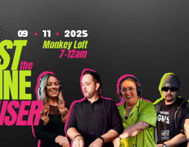 Promotional banner for Rave Against the Machine Fundraiser event on September 11, 2025, at Monkey Loft from 7 PM to 2 AM, featuring five DJs at a console, under vibrant pink and yellow lights.
