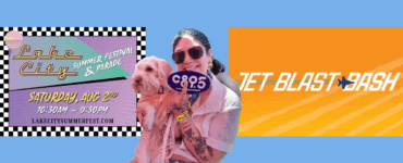 Promotional banner for Lake City Summer Festival & Parade with a smiling individual holding a dog and a C98.5 radio station fan, event details on the left with date and time, and 'JET BLAST BASH' text on a dynamic orange background to the right.