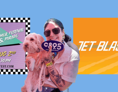 Promotional banner for Lake City Summer Festival & Parade with a smiling individual holding a dog and a C98.5 radio station fan, event details on the left with date and time, and 'JET BLAST BASH' text on a dynamic orange background to the right.