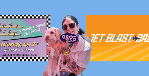 Promotional banner for Lake City Summer Festival & Parade with a smiling individual holding a dog and a C98.5 radio station fan, event details on the left with date and time, and 'JET BLAST BASH' text on a dynamic orange background to the right.