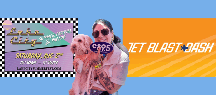 Promotional banner for Lake City Summer Festival & Parade with a smiling individual holding a dog and a C98.5 radio station fan, event details on the left with date and time, and 'JET BLAST BASH' text on a dynamic orange background to the right.