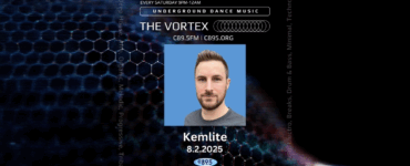 Promotional banner for "The Vortex" on C89.5FM featuring a person with short hair, a beard, and a light blue shirt. The event focuses on underground dance music and takes place every Saturday night. The date displayed is August 2, 2025, and the person is identified as Kemlite. The background features a dark, honeycomb pattern overlaid with blue digital effects.