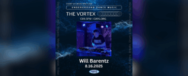 Promotional flyer for The Vortex underground dance music event, featuring DJ Will Barentz at the decks. The event is scheduled for August 16, 2025, at venue C895. The flyer has a deep blue theme with stylized text and detailed designs, highlighting genres like deep house, techno, and electro.