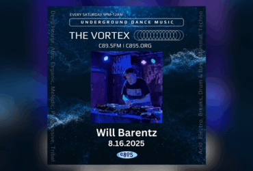 Promotional flyer for The Vortex underground dance music event, featuring DJ Will Barentz at the decks. The event is scheduled for August 16, 2025, at venue C895. The flyer has a deep blue theme with stylized text and detailed designs, highlighting genres like deep house, techno, and electro.