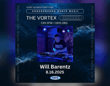 Promotional flyer for The Vortex underground dance music event, featuring DJ Will Barentz at the decks. The event is scheduled for August 16, 2025, at venue C895. The flyer has a deep blue theme with stylized text and detailed designs, highlighting genres like deep house, techno, and electro.