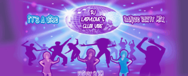 Promotional graphic for DJ LadyLove's Club Vibe Dance Party Mix event, featuring a disco ball with beams of light and silhouettes of people dancing, scheduled for Friday at 8 PM.