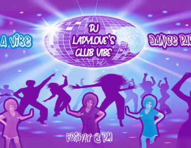 Promotional graphic for DJ LadyLove's Club Vibe Dance Party Mix event, featuring a disco ball with beams of light and silhouettes of people dancing, scheduled for Friday at 8 PM.