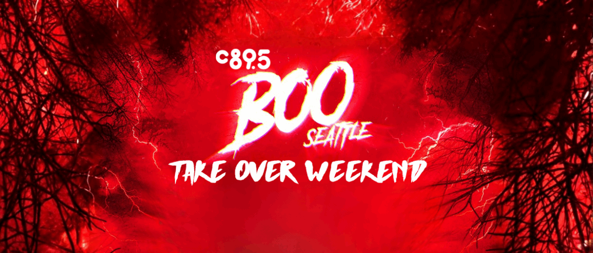 Promotional banner for C89.5's Boo Seattle Take Over Weekend event with stylized red and black theme.