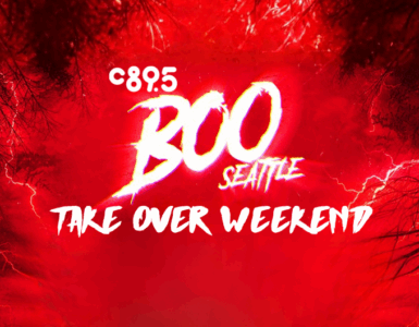 Promotional banner for C89.5's Boo Seattle Take Over Weekend event with stylized red and black theme.