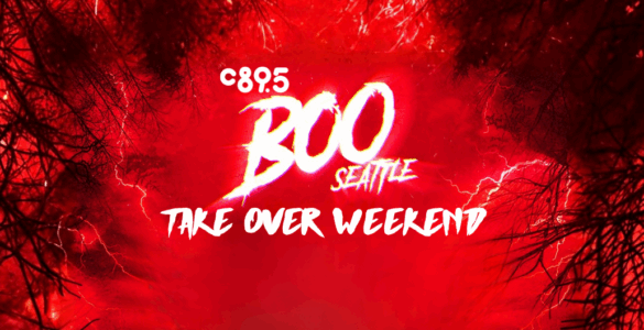 Promotional banner for C89.5's Boo Seattle Take Over Weekend event with stylized red and black theme.