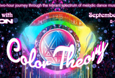 Promotional banner for "Afterglow with Madeon, Color Theory, Episode 18," featuring vibrant, colorful graphics and set for September 7, 2025, from 8-10 PM Pacific on a Sunday.
