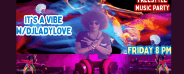 Promotional poster for a Freestyle Music Party featuring DJ Lady Love, scheduled for Friday at 8 PM. The poster has vibrant purple and pink hues with images of a DJ and dancers in dynamic poses, set against a cosmic-themed background.
