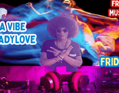 Promotional poster for a Freestyle Music Party featuring DJ Lady Love, scheduled for Friday at 8 PM. The poster has vibrant purple and pink hues with images of a DJ and dancers in dynamic poses, set against a cosmic-themed background.
