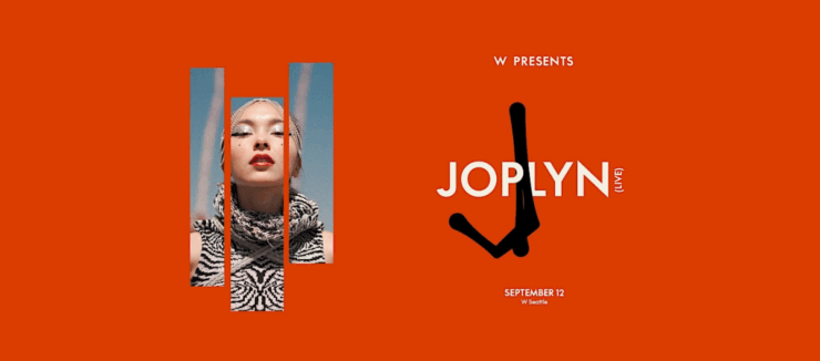 Promotional banner featuring a close-up of an individual with bold lipstick and a patterned outfit, for a JOPLYN event presented by W, scheduled for September 12. The background is vibrant orange with a minimalist logo design.