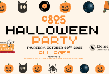 Promotional flyer for a Halloween party titled "C895 Halloween Party" on October 30th, 2025, featuring themed graphics like pumpkins, spiders, and roller skates. The event is suitable for all ages and mentions sponsors: Lynnwood Bowl & Skate and Elemental Cremation and Burial