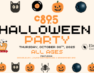 Promotional flyer for a Halloween party titled "C895 Halloween Party" on October 30th, 2025, featuring themed graphics like pumpkins, spiders, and roller skates. The event is suitable for all ages and mentions sponsors: Lynnwood Bowl & Skate and Elemental Cremation and Burial