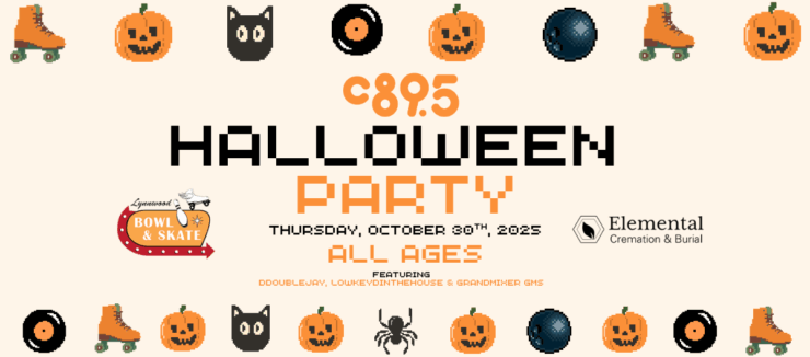 Promotional flyer for a Halloween party titled "C895 Halloween Party" on October 30th, 2025, featuring themed graphics like pumpkins, spiders, and roller skates. The event is suitable for all ages and mentions sponsors: Lynnwood Bowl & Skate and Elemental Cremation and Burial