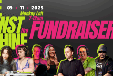 Promotional banner for 'Rave Against the Machine' fundraiser event at Monkey Loft, featuring a lineup of diverse DJs under vibrant, neon text, scheduled for September 11, 2025, from 7 PM to 12 AM.