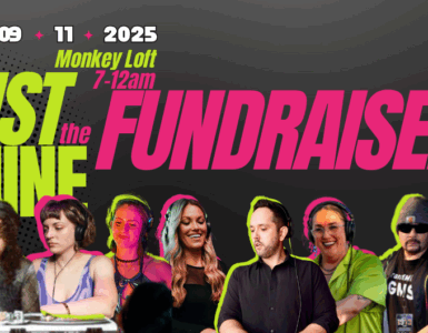 Promotional banner for 'Rave Against the Machine' fundraiser event at Monkey Loft, featuring a lineup of diverse DJs under vibrant, neon text, scheduled for September 11, 2025, from 7 PM to 12 AM.