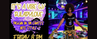 Promotional image for "It's A Vibe DJ Lady Love," featuring a DJ at a turntable in a club with a disco ball, neon lights, and '80s style decor, announcing a show on Friday at 8 PM.