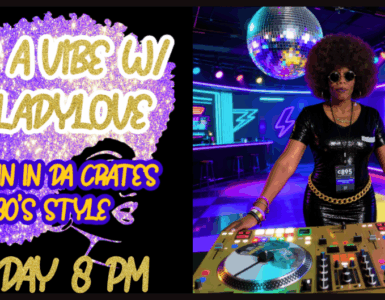 Promotional image for "It's A Vibe DJ Lady Love," featuring a DJ at a turntable in a club with a disco ball, neon lights, and '80s style decor, announcing a show on Friday at 8 PM.