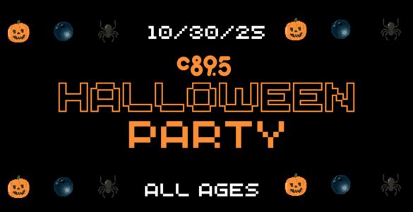 Invitation banner for a Halloween Party on October 30, 2023, featuring the event name in large orange letters, surrounded by themed decorations like pumpkins, spiders, and bats