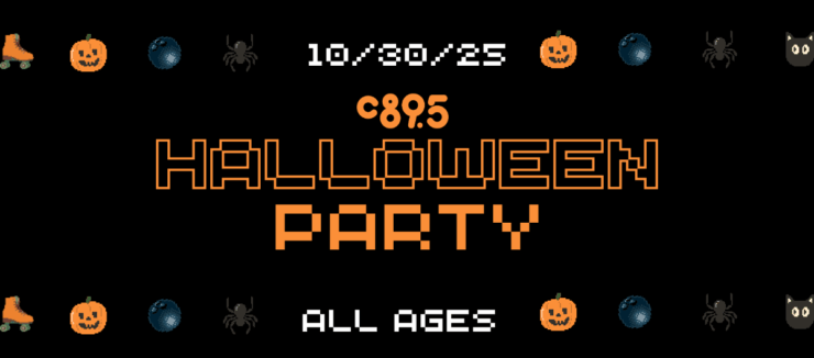 Invitation banner for a Halloween Party on October 30, 2023, featuring the event name in large orange letters, surrounded by themed decorations like pumpkins, spiders, and bats