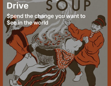 The words "pledge drive" over the cover of the classic children's book "Stone Soup