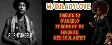 Promotional image for a tribute event to D'Angelo titled "It's a Vibe W/DjAdyLove". The image features two individuals, one on the left wearing a tank top and a hat, and another on the right in a fur coat and sunglasses. Event details include "Tribute to D'Angelo ft some of my favorite Neo Soul artist", scheduled for Friday at 8 PM.