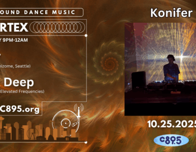 Promotional banner for "The Vortex" underground dance music event featuring DJ Konifer and Derrick Deep, every Saturday from 9 PM-12 AM on C89.5 FM. The right side displays an image of a DJ performing in front of colorful stage lights.