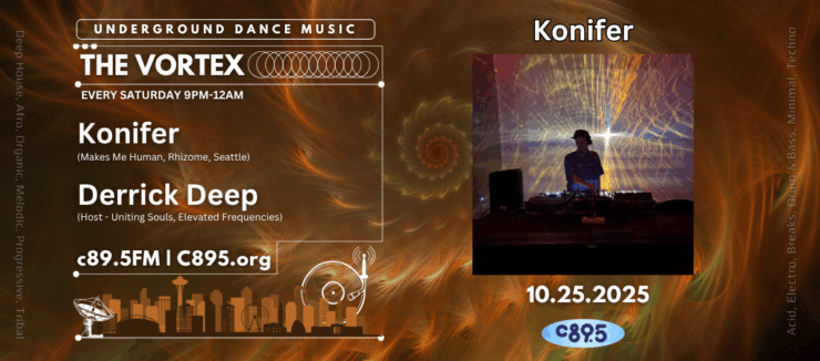 Promotional banner for "The Vortex" underground dance music event featuring DJ Konifer and Derrick Deep, every Saturday from 9 PM-12 AM on C89.5 FM. The right side displays an image of a DJ performing in front of colorful stage lights.