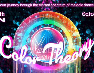 Promotional banner for "Afterglow with Madeon - Color Theory," featuring vibrant, colorful graphics surrounding a central emblem, scheduled for October 19, 2025, from 8-10 PM Pacific, tagged as Episode 21.
