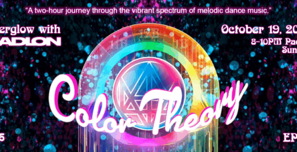 Promotional banner for "Afterglow with Madeon - Color Theory," featuring vibrant, colorful graphics surrounding a central emblem, scheduled for October 19, 2025, from 8-10 PM Pacific, tagged as Episode 21.