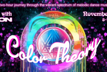 Promotional banner for "Afterglow with Madeon," featuring Color Theory on November 2, 2025. Displays a colorful, glowing sphere with intricate designs, set against a dark background with vibrant neon text.