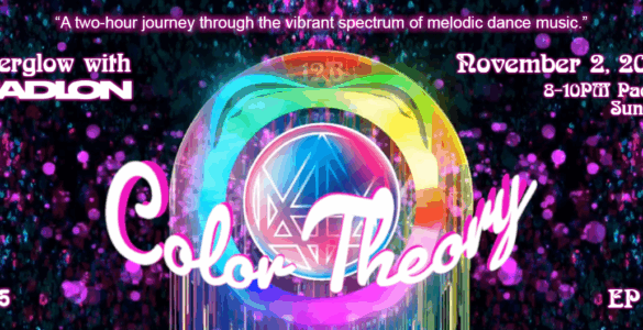 Promotional banner for "Afterglow with Madeon," featuring Color Theory on November 2, 2025. Displays a colorful, glowing sphere with intricate designs, set against a dark background with vibrant neon text.