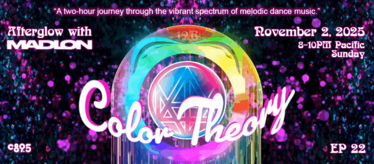 Promotional banner for "Afterglow with Madeon," featuring Color Theory on November 2, 2025. Displays a colorful, glowing sphere with intricate designs, set against a dark background with vibrant neon text.