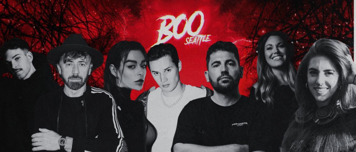Promotional banner for 'BOO Seattle' featuring a lineup of six diverse DJs standing against a background of dark, eerie trees with a vibrant red overlay.