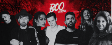 Promotional banner for 'BOO Seattle' featuring a lineup of six diverse DJs standing against a background of dark, eerie trees with a vibrant red overlay.