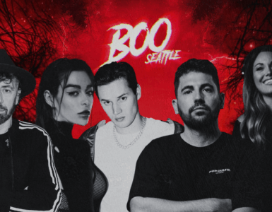 Promotional banner for 'BOO Seattle' featuring a lineup of six diverse DJs standing against a background of dark, eerie trees with a vibrant red overlay.