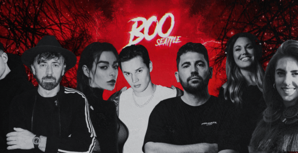 Promotional banner for 'BOO Seattle' featuring a lineup of six diverse DJs standing against a background of dark, eerie trees with a vibrant red overlay.