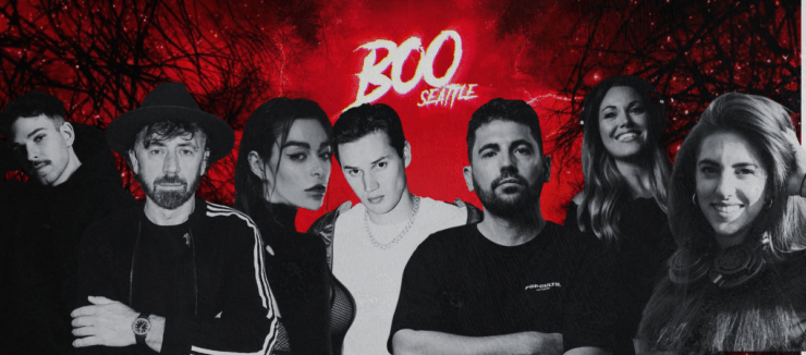 Promotional banner for 'BOO Seattle' featuring a lineup of six diverse DJs standing against a background of dark, eerie trees with a vibrant red overlay.