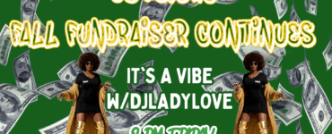 romotional image for C895.org fall fundraiser featuring two figures dancing, scattered dollar bills in the background, and text announcing "Fall Fundraiser Continues", "It's a Vibe w/DJLadyLove, 8PM Friday".